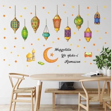 Renkli Ramazan Kandilleri Ve Hilal Cam Duvar Kapı Sticker Seti