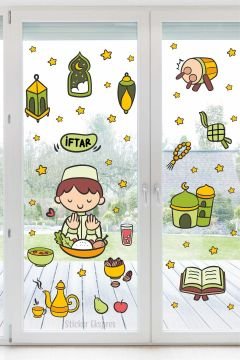 İftar Yapan Çocuk Ve Ramazan Figürleri Cam Kapı Duvar Sticker Seti