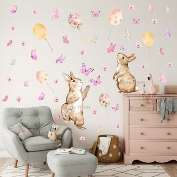 Sevimli Tavşanların Kelebeklerle Oyunu Çocuk Odası Duvar Sticker Seti