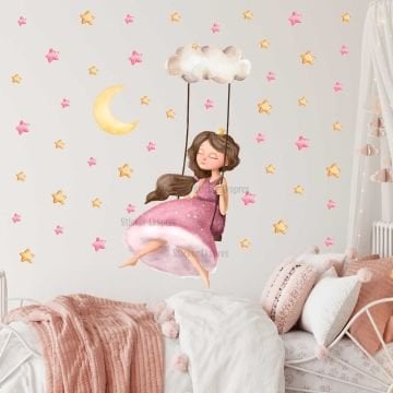 Gökyüzü Rüyası Prenses Ve Yıldızlar Çocuk Odası Duvar Sticker Seti