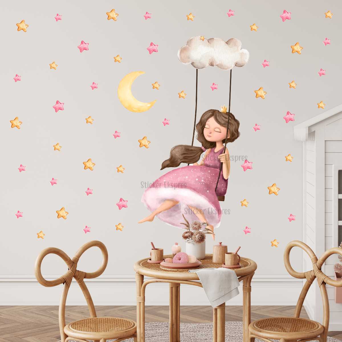 Gökyüzü Rüyası Prenses Ve Yıldızlar Çocuk Odası Duvar Sticker Seti