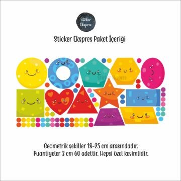 Sevimli Geometrik Şekiller Eğitici Anaokulu Çocuk Odası Kreş Duvar Sticker Seti