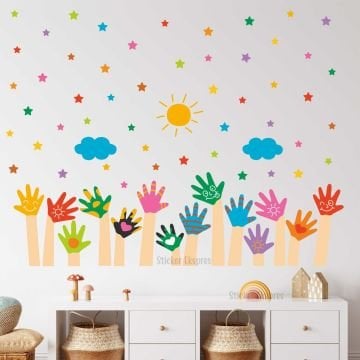 Renkli Eller Anaokulu Okul Çocuk Odası Kreş Duvar Kapı Cam Sticker Seti