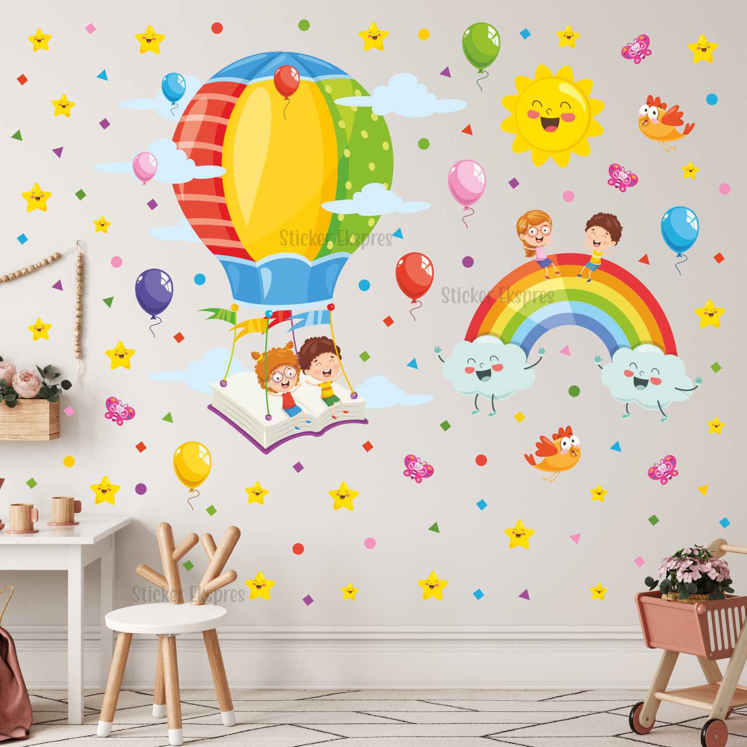 Kitaptan Balonda Uçan Çocuklar Anaokulu Okul Çocuk Odası Kreş Duvar Kapı Cam Sticker Seti