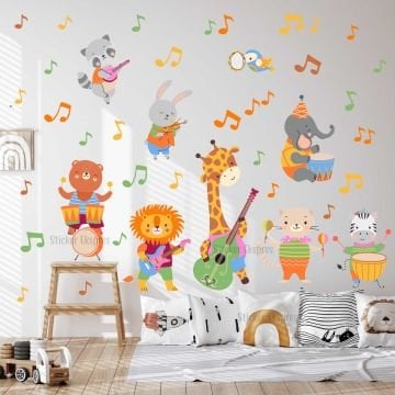 Müzisyen Hayvanlar Anaokulu Okul Çocuk Odası Kreş Duvar Kapı Cam Sticker Seti