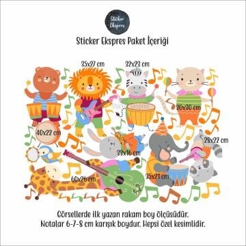 Müzisyen Hayvanlar Anaokulu Okul Çocuk Odası Kreş Duvar Kapı Cam Sticker Seti
