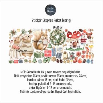 Sevimli Sincap Ailesi Yılbaşı Yeni Yıl Cam Duvar Kapı Sticker Seti