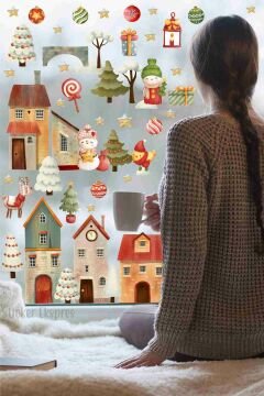 Vintage Kış Evleri Yılbaşı Yeni Yıl Cam Kapı Duvar Sticker Seti