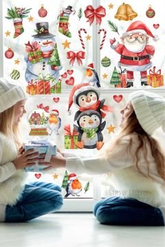 Kış Figürleri Kardan Adam Ve Süsler Yılbaşı Yeni Yıl Cam Kapı Duvar Sticker Seti