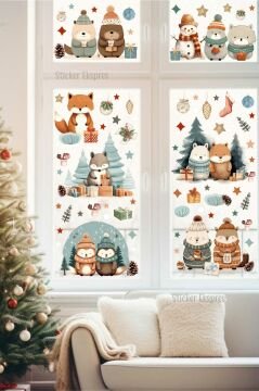 Kış Dostluğu Yılbaşı Yeni Yıl Cam Kapı Duvar Sticker Seti