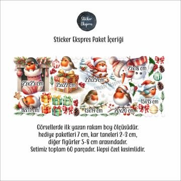 Sevimli Kış Kuşları Yılbaşı Yeni Yıl Cam Kapı Duvar Sticker Seti