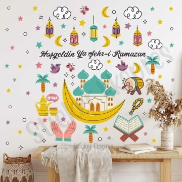 Cami Hilal Ve Ramazan Figürleri Cam Duvar Kapı Sticker Seti