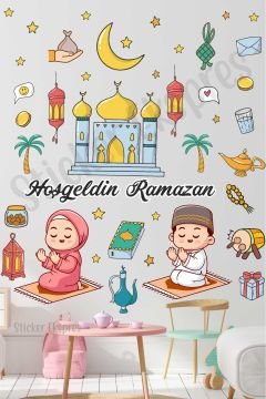Namaz Kılan Çocuklar Hoşgeldin Ramazan Set Cam Duvar Kapı Sticker Seti