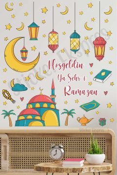 Cami Ve Kandiller Hoşgeldin Ramazan Süsü Cam Duvar Kapı Sticker Seti