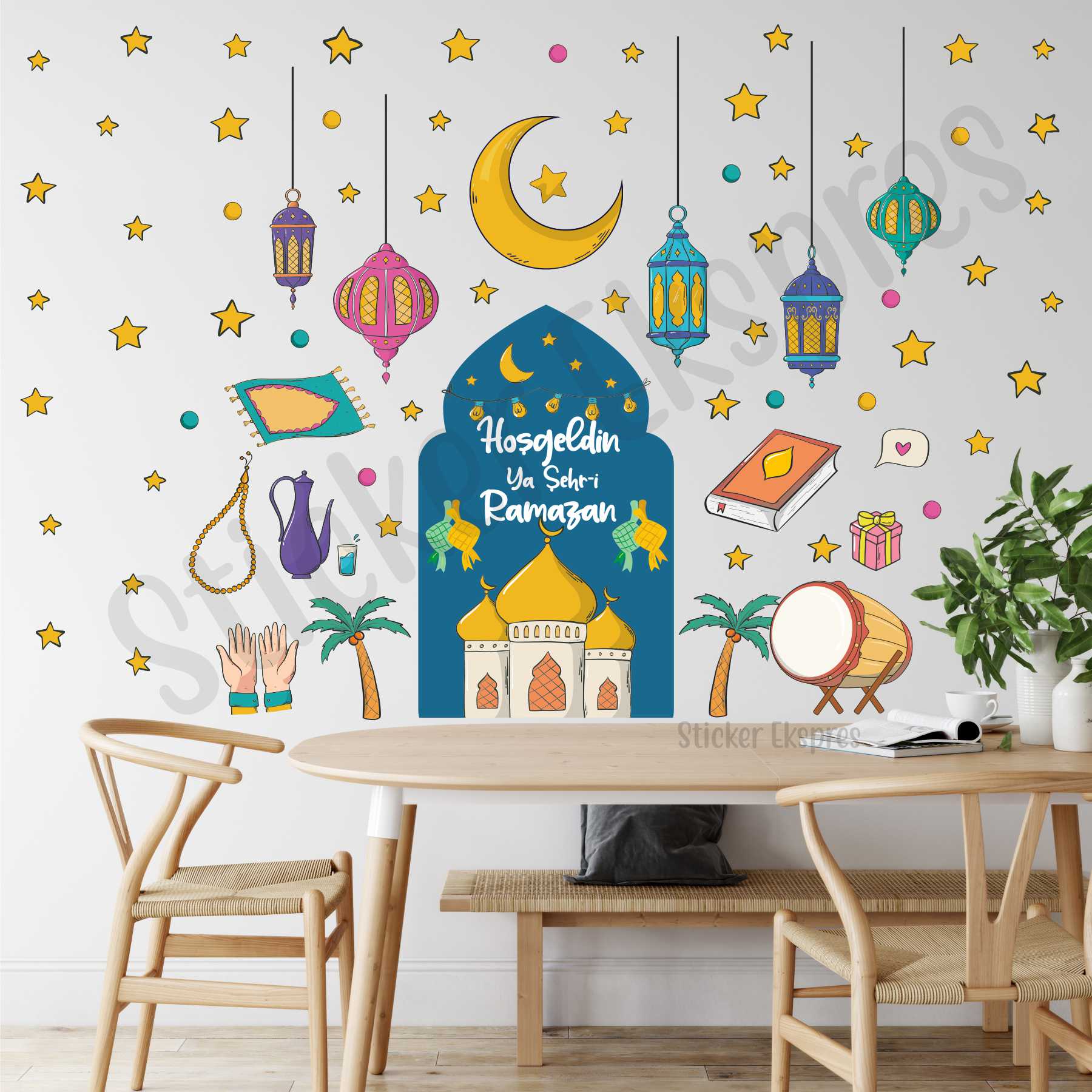 Kubbeli Hoşgeldin Ramazan Temalı Ramazan Süsü Cam Duvar Kapı Sticker Seti