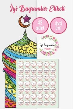 Çiçekli Ve Şekerli İyi Bayramlar Etiketi 4 cm 42 Adet Suya Dayanıklı Sticker