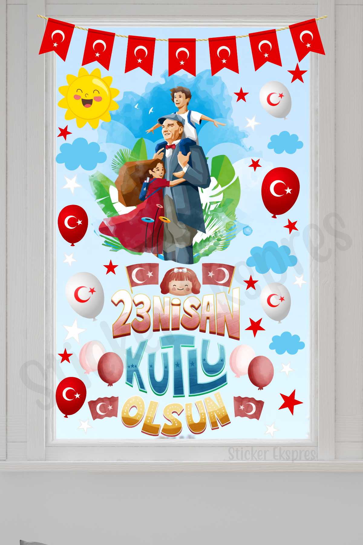 Atatürk Ve Çocuklar 23 Nisan Ulusal Egemenlik Ve Çocuk Bayramı Cam Kapı Duvar Sticker Seti