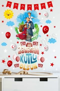 Atatürk Ve Çocuklar 23 Nisan Ulusal Egemenlik Ve Çocuk Bayramı Cam Kapı Duvar Sticker Seti