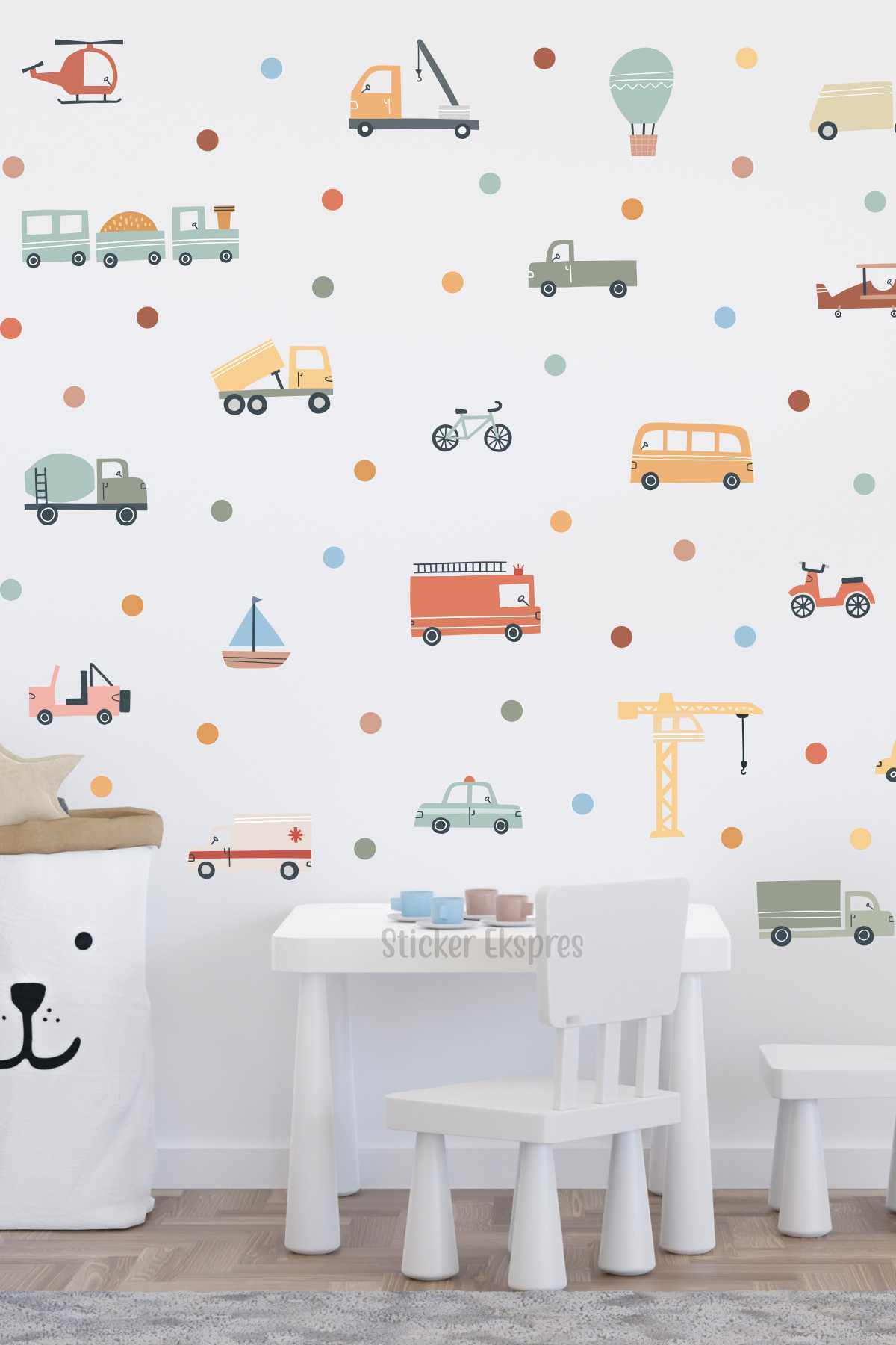Pastel Renk Araçlar Arabalar Çocuk Odası Duvar Sticker Seti