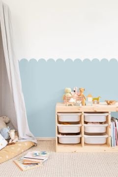 Pastel Açık Mavi Dalgalı Yarım Duvar Kaplama Folyosu, Çit Detaylı Duvar Sticker