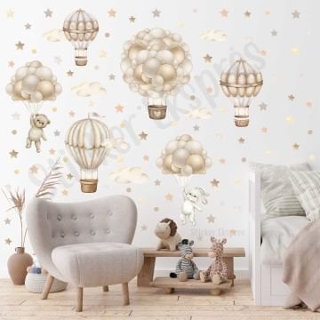 Soft Kahverengi Bej Tonlarda Uçan Balon Macerası Çocuk Odası Duvar Sticker Seti