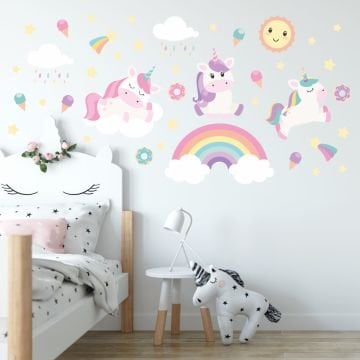 Beyaz Bulutlu Sevimli Unicorn Sticker Set