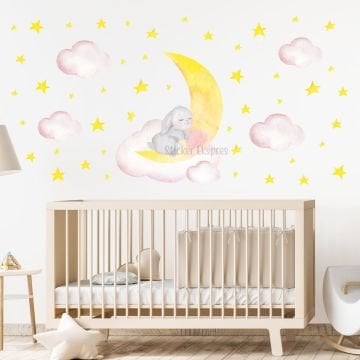 Ayda ve Bulutta Uyuyan Tavşan Çocuk Odası Sticker Set