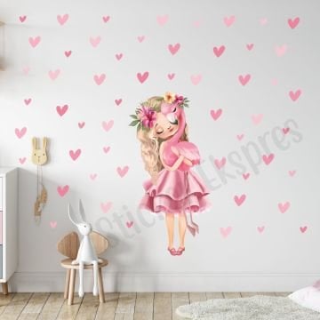 Sevgi Dolu Kız, Flamingo ve Kalpler Duvar Sticker Seti