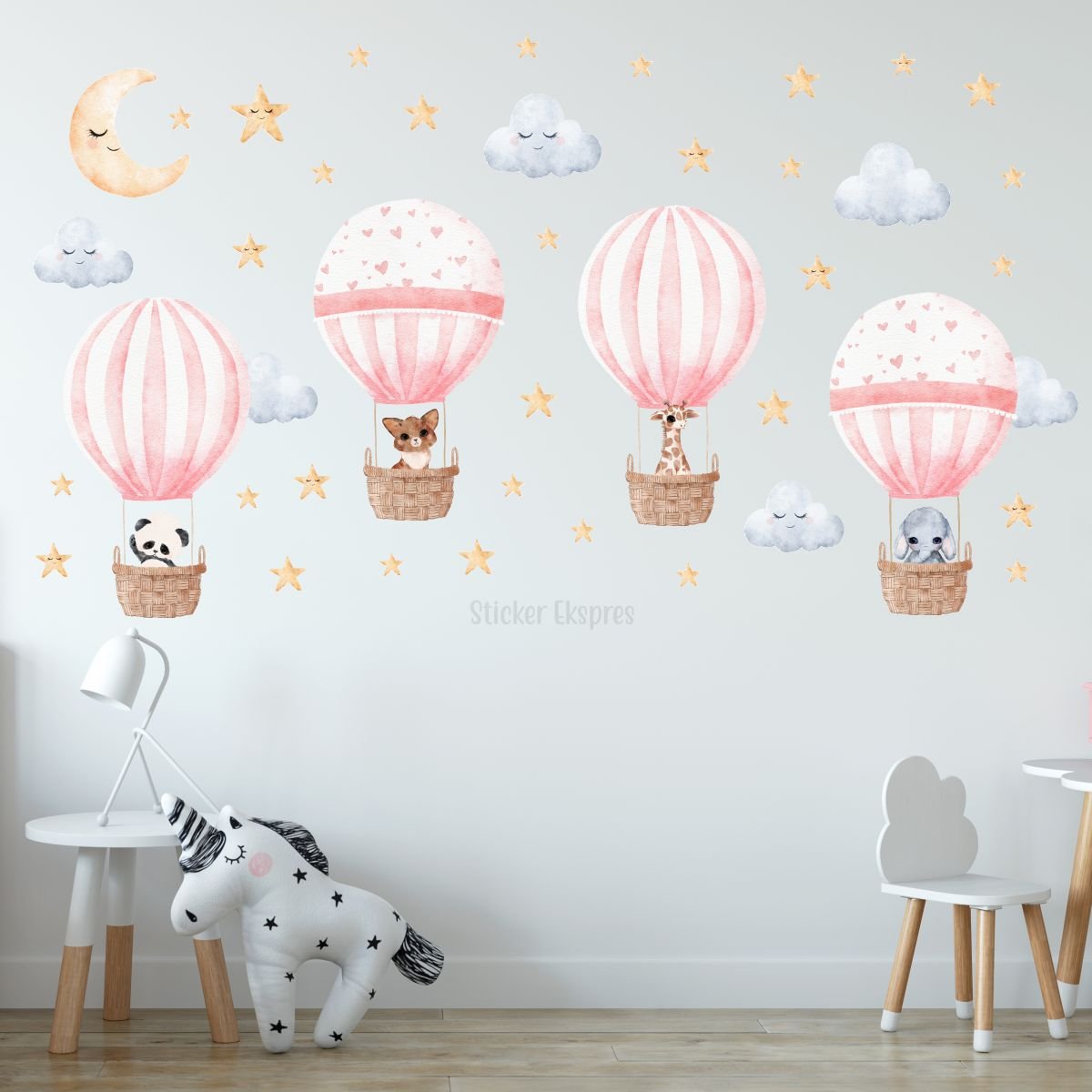 Sevimli Hayvanlı Pembe Balonlar Sticker Set