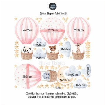 Sevimli Hayvanlı Pembe Balonlar Sticker Set
