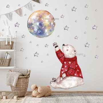 Gri Yıldızlı Hayalperest Kutup Ayısı Çocuk Odası Sticker Seti