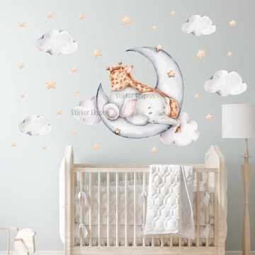 Ayda Uyuyan Sevimli Fil ve Zürafa Çocuk Odası Duvar Sticker Seti