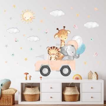 Somon Renk Arabada Giden Sevimli Hayvanlar Çocuk Odası Sticker Seti