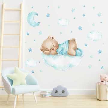 Mavi Bulutta Uyuyan Sevimli Ayıcık Çocuk Odası Duvar Sticker Seti
