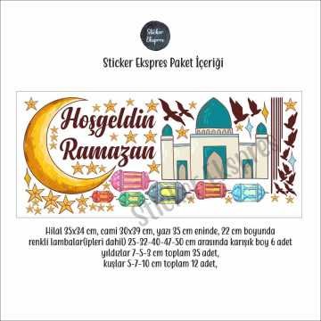 Hoşgeldin Ramazan Renkli Lamba Fener Cami Hilal Ve Yıldızlar Duvar Ve Cam Sticker Seti