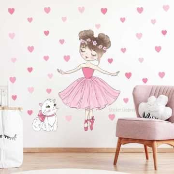 Balerin Kedi Ve Kalpler Çocuk Odası Duvar Sticker Seti