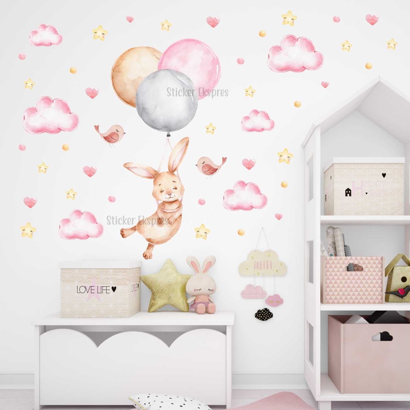 Balonlu Uçan Tavşan Çocuk Odası Sticker Seti