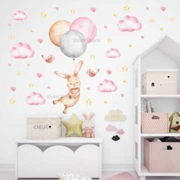 Balonlu Uçan Tavşan Çocuk Odası Sticker Seti