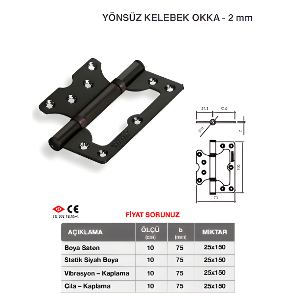 Çelik Yönsüz Siyah Kelebek Menteşe 2mm