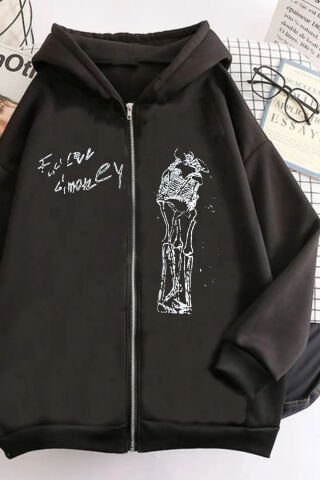 Siyah Harajuku Skeleton Sırt Baskılı Unisex Kapüşonlu Içi Polar Fermuarlı Sweatshirt