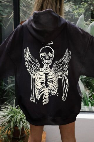 Siyah Harajuku Skeleton Sırt Baskılı Unisex Kapüşonlu Içi Polar Fermuarlı Sweatshirt