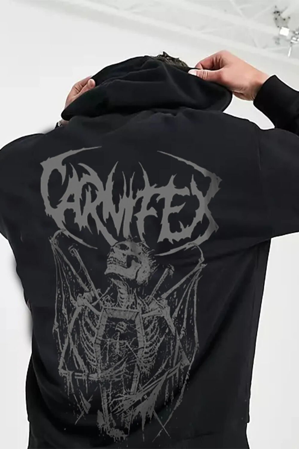 Siyah Carnifex Ön-arka Baskılı Unisex Içi Polar Kapüşonlu Geniş Kesim Fermuarlı Sweatshirt