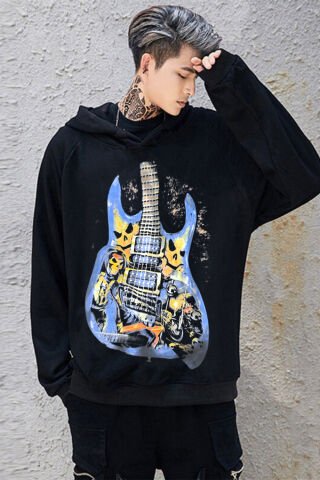 Siyah Skull Gitar Baskılı Unisex Geniş Kalıp Kapüşonlu Içi Polar Sweatshirt