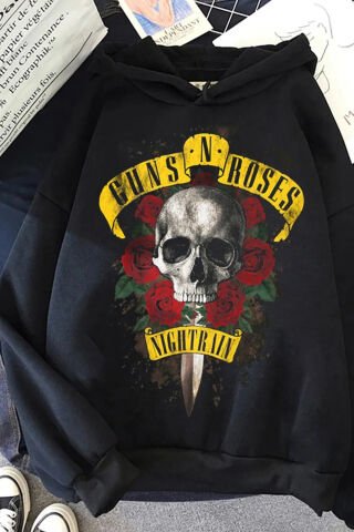 Siyah Guns'n Roses Büyük Baskılı Unisex Kapüşonlu Içi Polar Sweatshirt