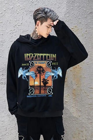 Siyah Led Zeppelin Baskılı Unisex Kapüşonlu Içi Polar Geniş Kesim Sweatshirt