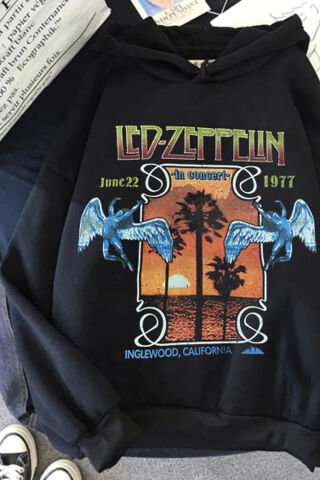 Siyah Led Zeppelin Baskılı Unisex Kapüşonlu Içi Polar Geniş Kesim Sweatshirt