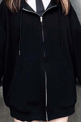 Düz Oversize Siyah Kalın Fermuarlı Unisex Kapüşonlu Sweatshirt