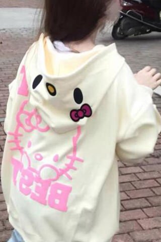 Ekru Hello Kitty DKHT Best Fermuarlı Unisex Kapüşonlu Sweatshirt
