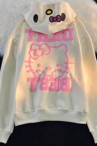 Ekru Hello Kitty DKHT Best Fermuarlı Unisex Kapüşonlu Sweatshirt