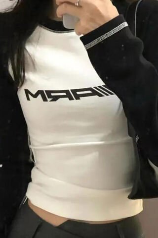 Siyah Raglan Racing ARM Beyaz Uzun Kollu Crop T-Shirt